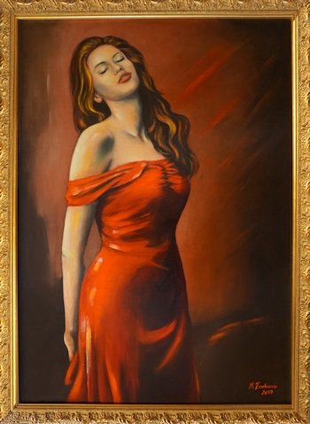 Schöne Frau im roten Kleid figurative Kunst Ölgemälde
