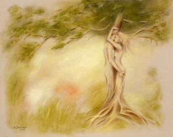 Tree magic pastel drawing, spiritual erotic art painting