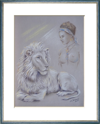 Lion shamanism spirituality, sacred white lions Africa, Pastel drawing