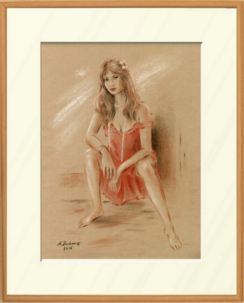Frau im roten Kleid, Pastell Gemälde